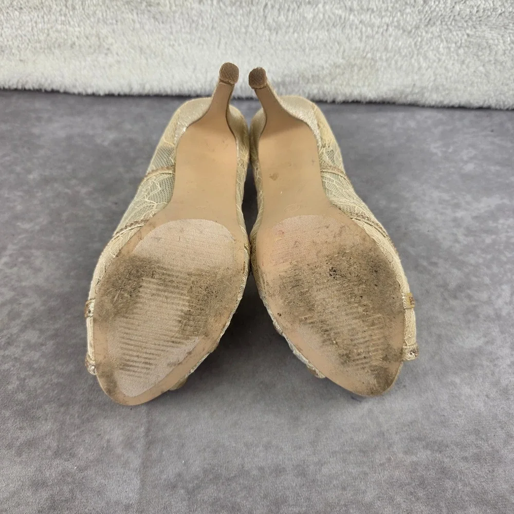 Lauren Lorraine Viv Champagne Lace Rhinestone Peep Toe Platform Pump Heels 8.5